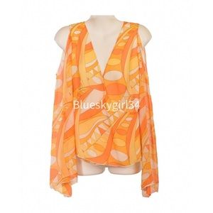 Vibrant Pure Silk Sunny Cold Shoulder Blouse from Lord & Taylor Size 8